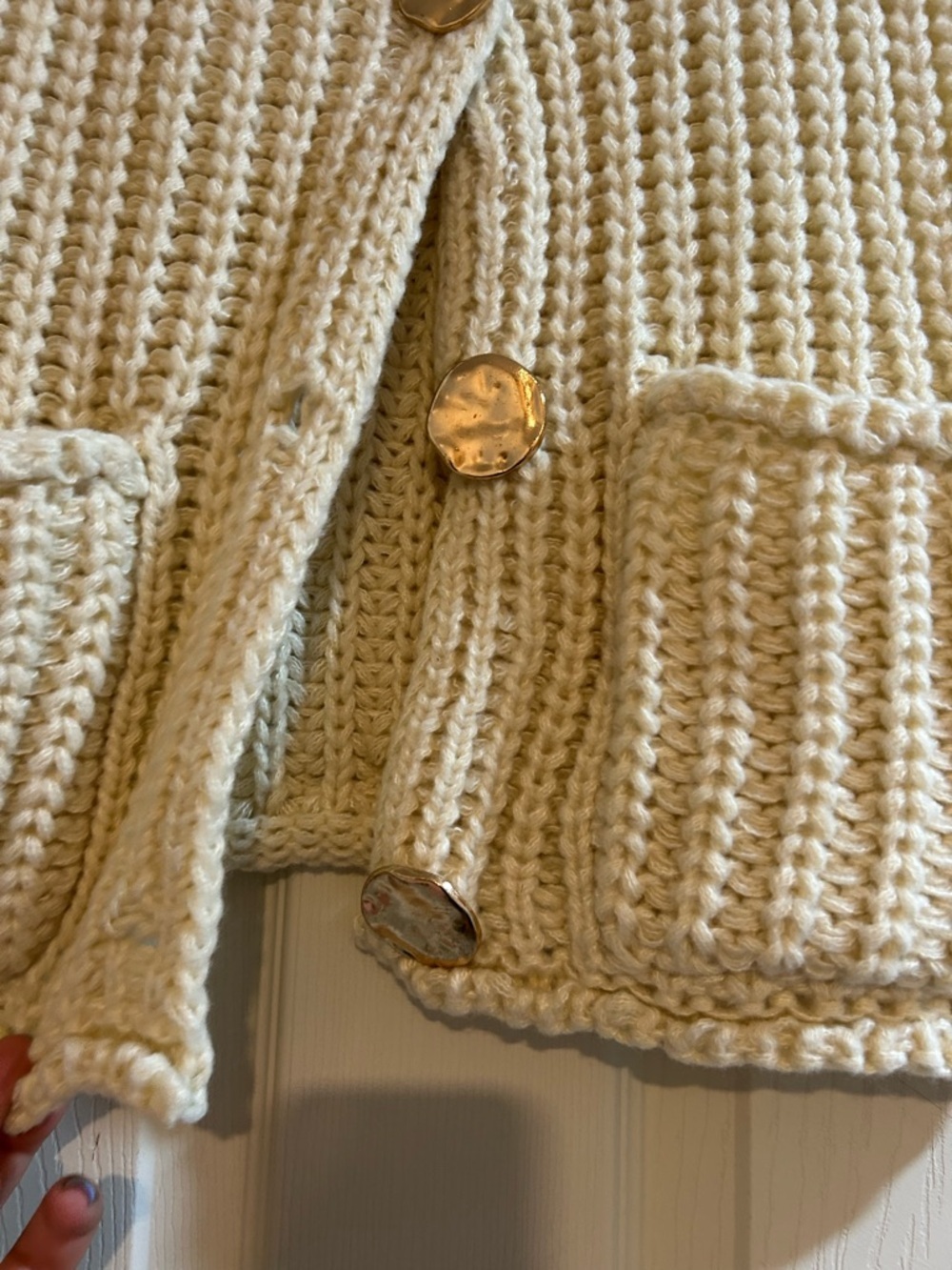 Chunky Cream Knit Pocket Vest with Gold Buttons - Picture 3 of 4